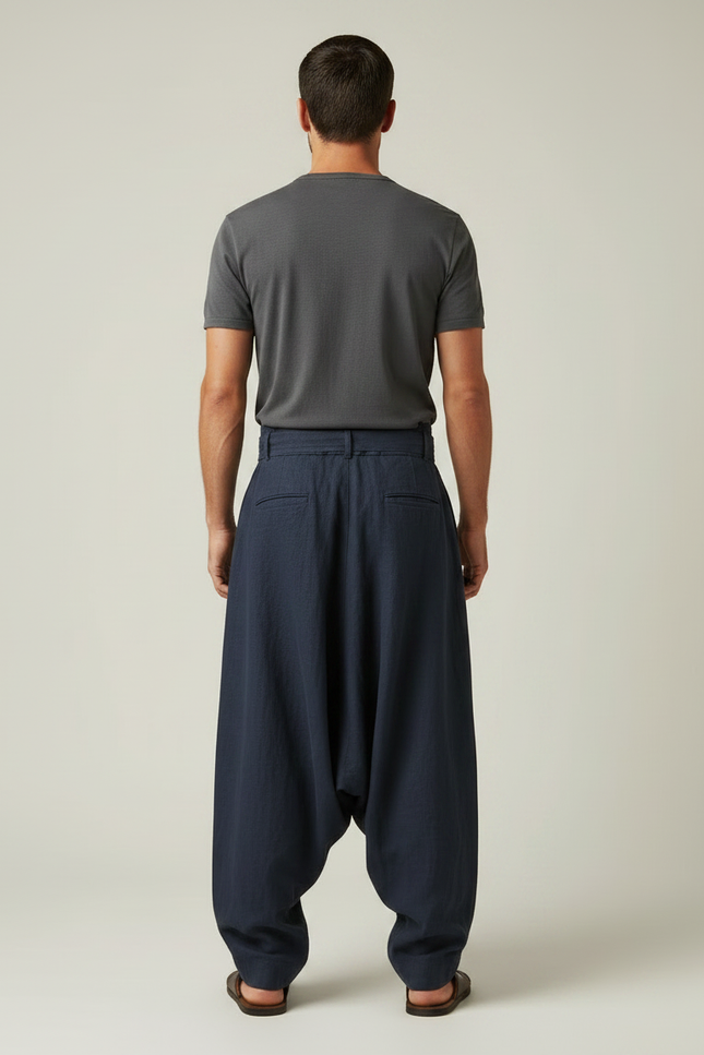 Pantalon Fluide Bleu Marine Plissé Ample Lin Homme - vue 2