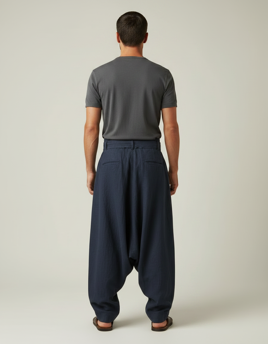 Pantalon Fluide Bleu Marine Plissé Ample Lin Homme - vue 2