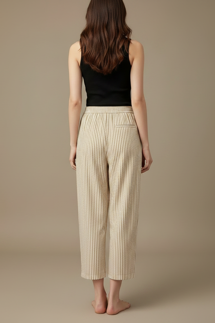 Pantalon Fluide Rayé Beige Ample Confortable Décontracté - Lin - vue 2