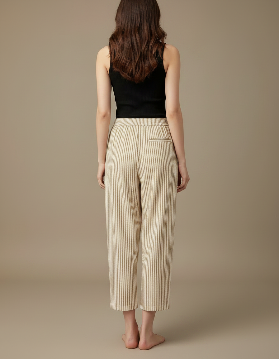 Pantalon Fluide Rayé Beige Ample Confortable Décontracté - Lin - vue 2