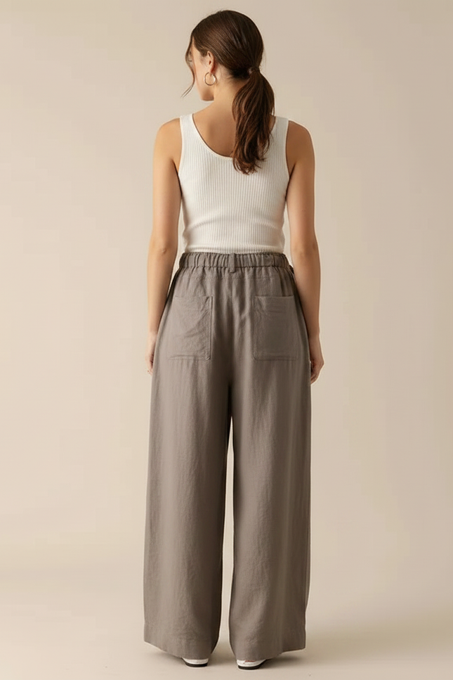 Pantalon Fluide Gris Ample Lin Taille Haute - vue 2
