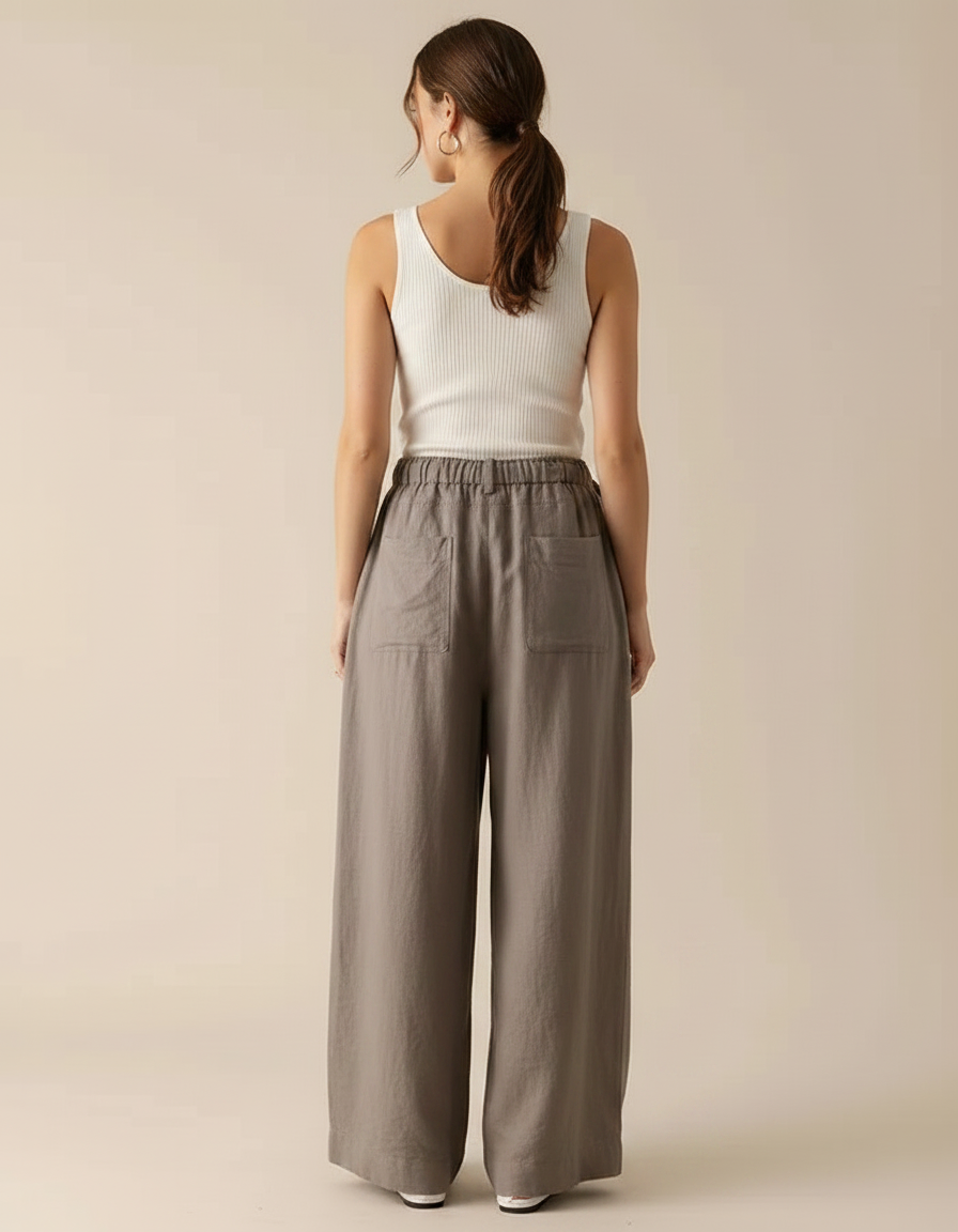 Pantalon Fluide Gris Ample Lin Taille Haute - vue 2