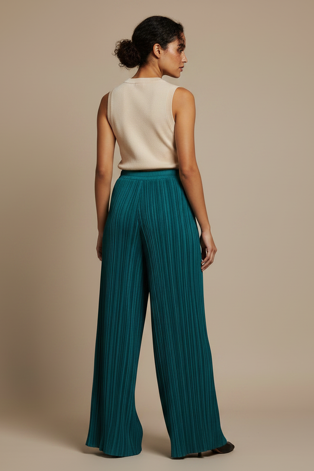 Pantalon Fluide Plissé Ample Vert Émeraude Élégant - Polyester - vue 2