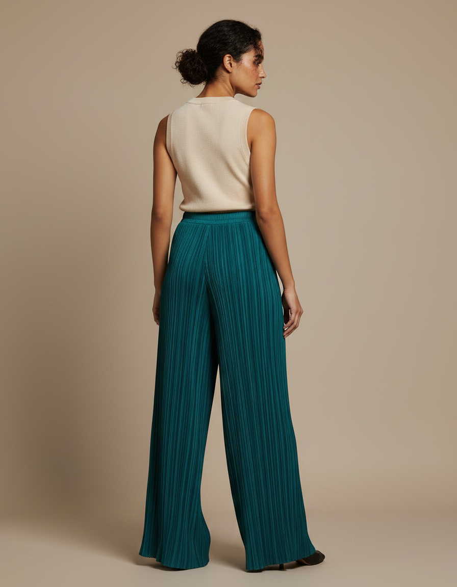 Pantalon Fluide Plissé Ample Vert Émeraude Élégant - Polyester - vue 2