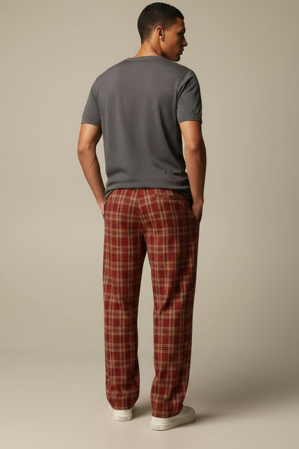 Pantalon Fluide Carreaux Rouges Ample Cordon Décontracté Homme - Coton - vue 2