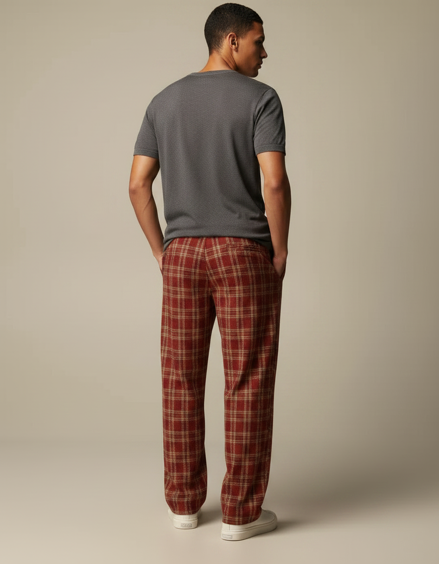 Pantalon Fluide Carreaux Rouges Ample Cordon Décontracté Homme - Coton - vue 2
