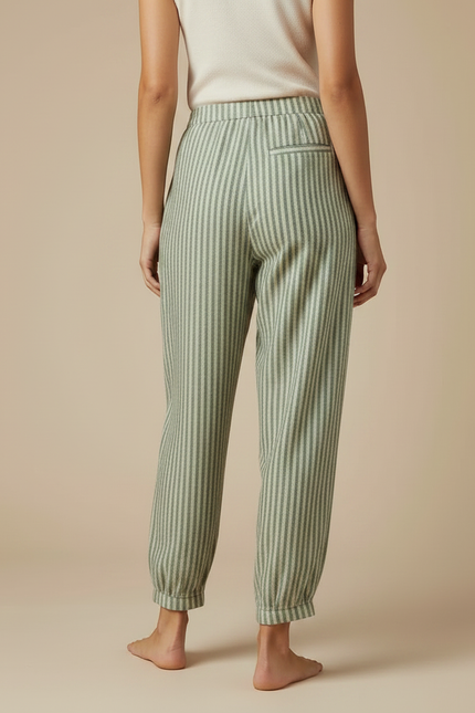 Pantalon Fluide Vert Rayé Ample Taille Haute - Lin - vue 2