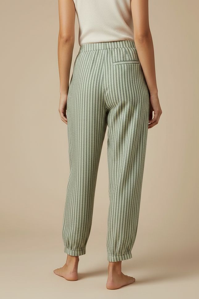 Pantalon Fluide Vert Rayé Ample Taille Haute - Lin - vue 2