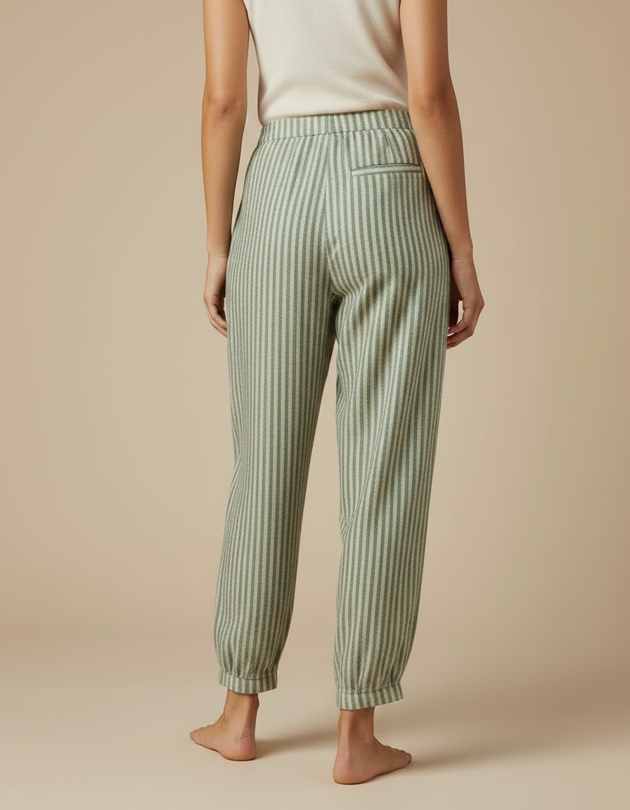 Pantalon Fluide Vert Rayé Ample Taille Haute - Lin - vue 2