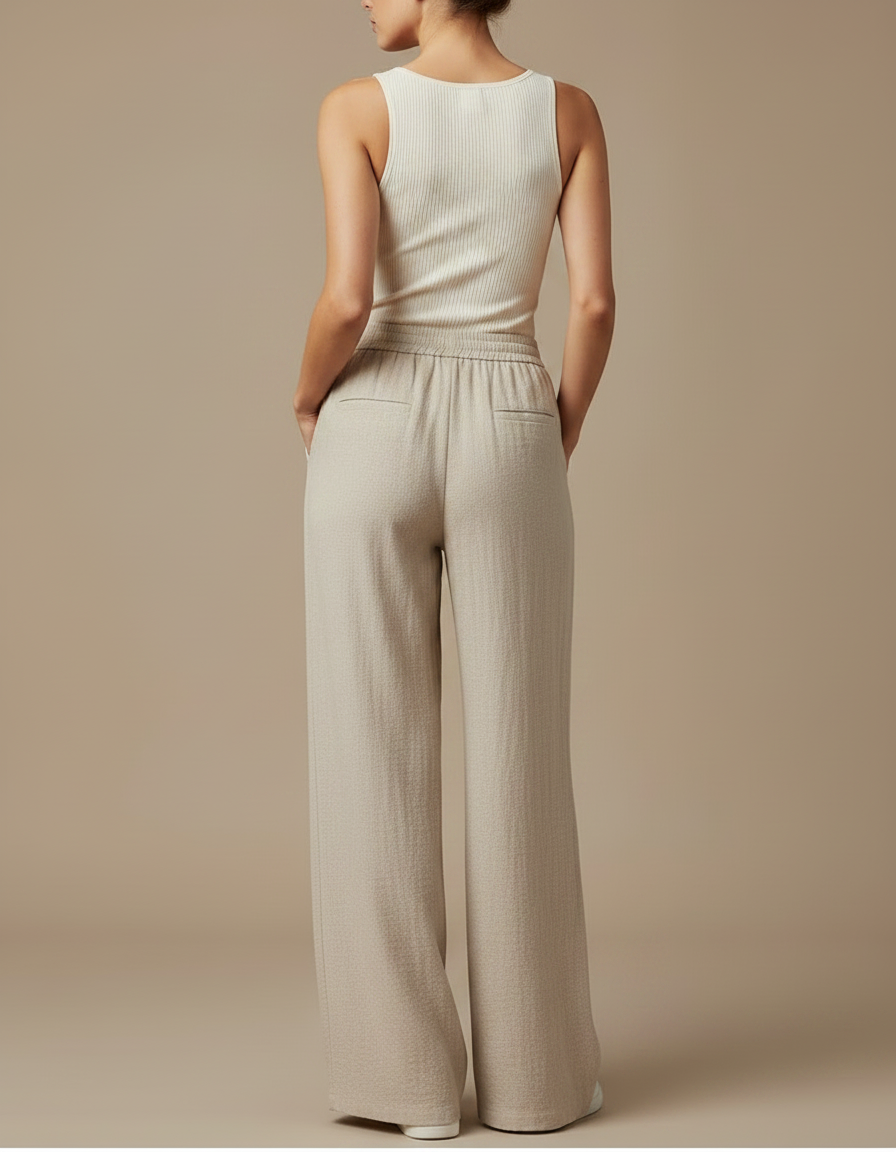 Pantalon Fluide Beige Large Taille Haute Femme - Lin - vue 2