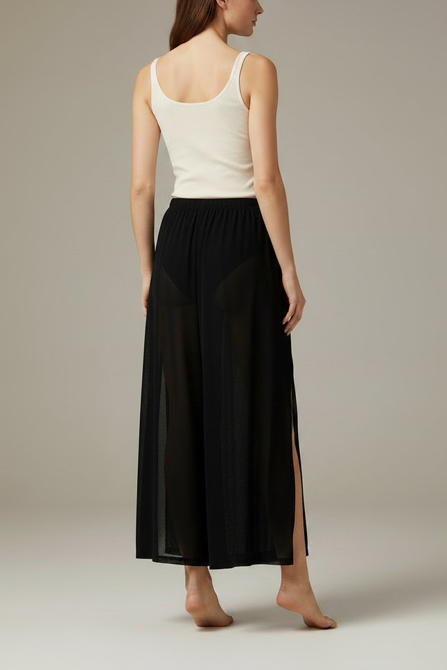 Pantalon Fluide Noir Transparent Fendu Ample Léger - Polyester - vue 2