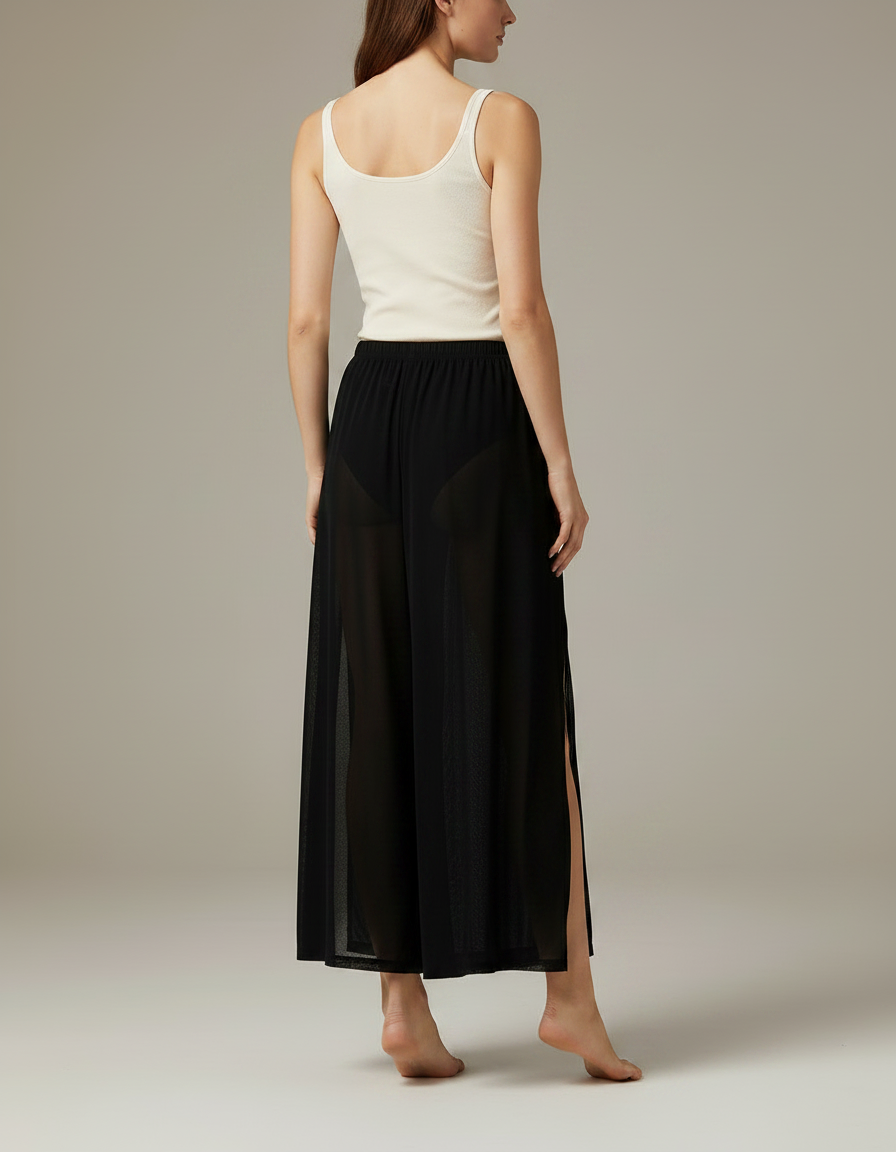 Pantalon Fluide Noir Transparent Fendu Ample Léger - Polyester - vue 2