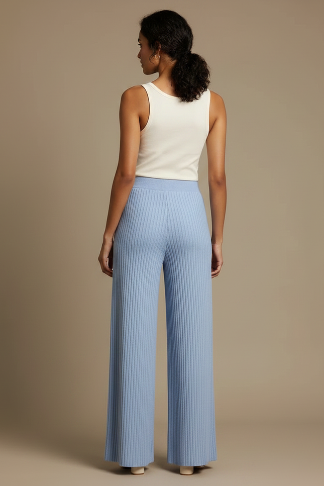 Pantalon Fluide Bleu Côtelé Ample Tricot Femme - Maille - vue 2