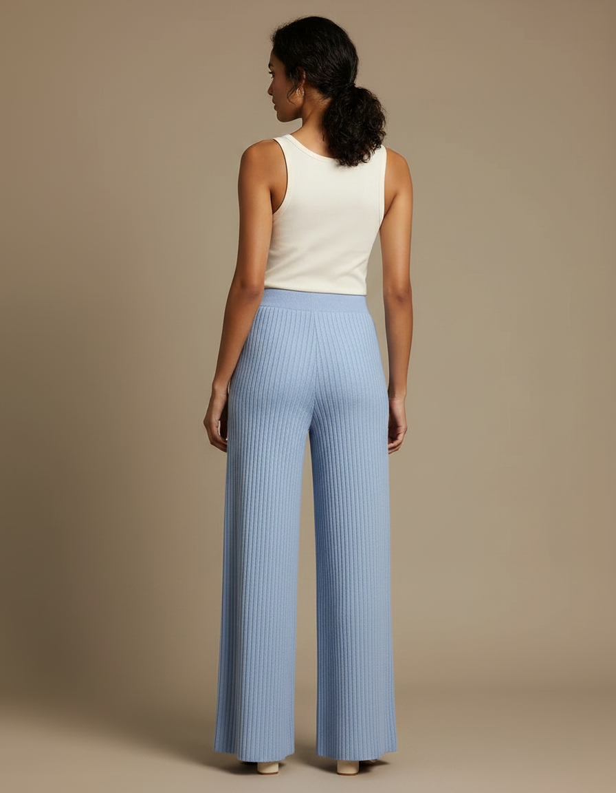 Pantalon Fluide Bleu Côtelé Ample Tricot Femme - Maille - vue 2
