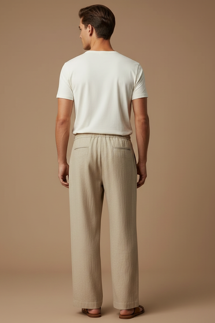 Pantalon Fluide Beige Cordon Ample Lin Homme Décontracté - vue 2