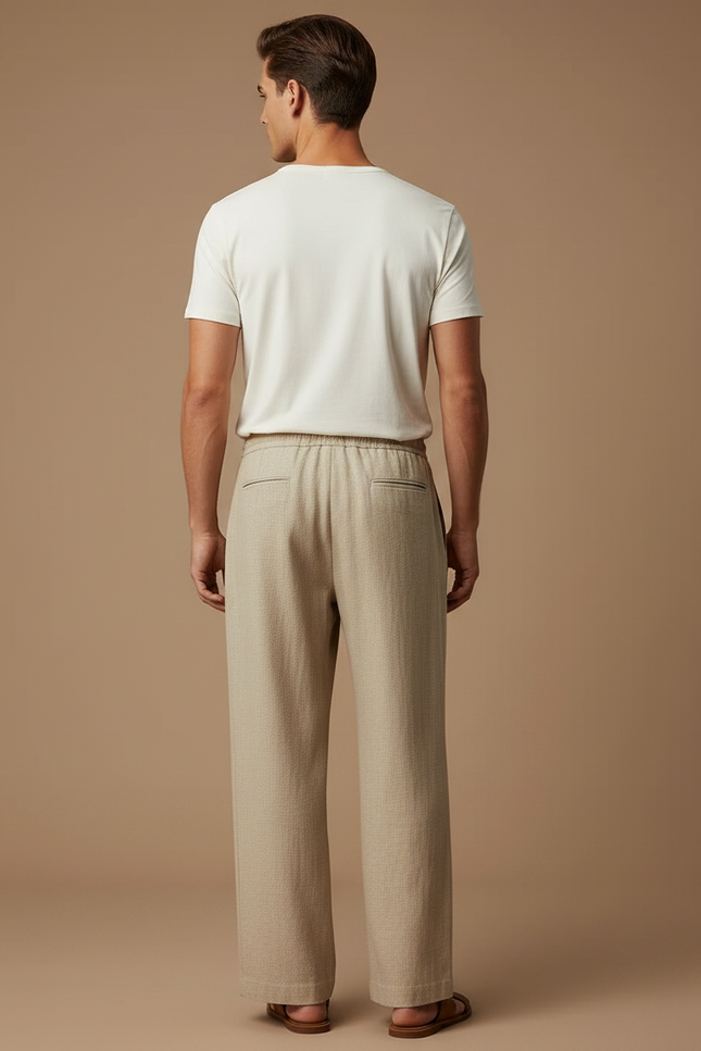Pantalon Fluide Beige Cordon Ample Lin Homme Décontracté - vue 2