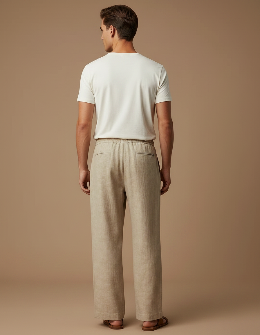 Pantalon Fluide Beige Cordon Ample Lin Homme Décontracté - vue 2