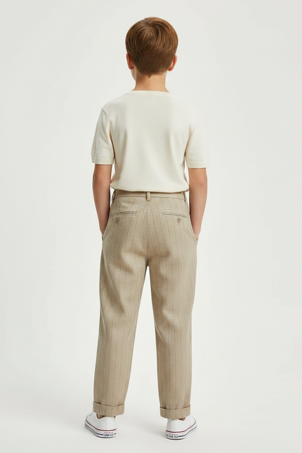 Pantalon Fluide Beige Rayé Plissé Garçon Élégant - Laine - vue 2