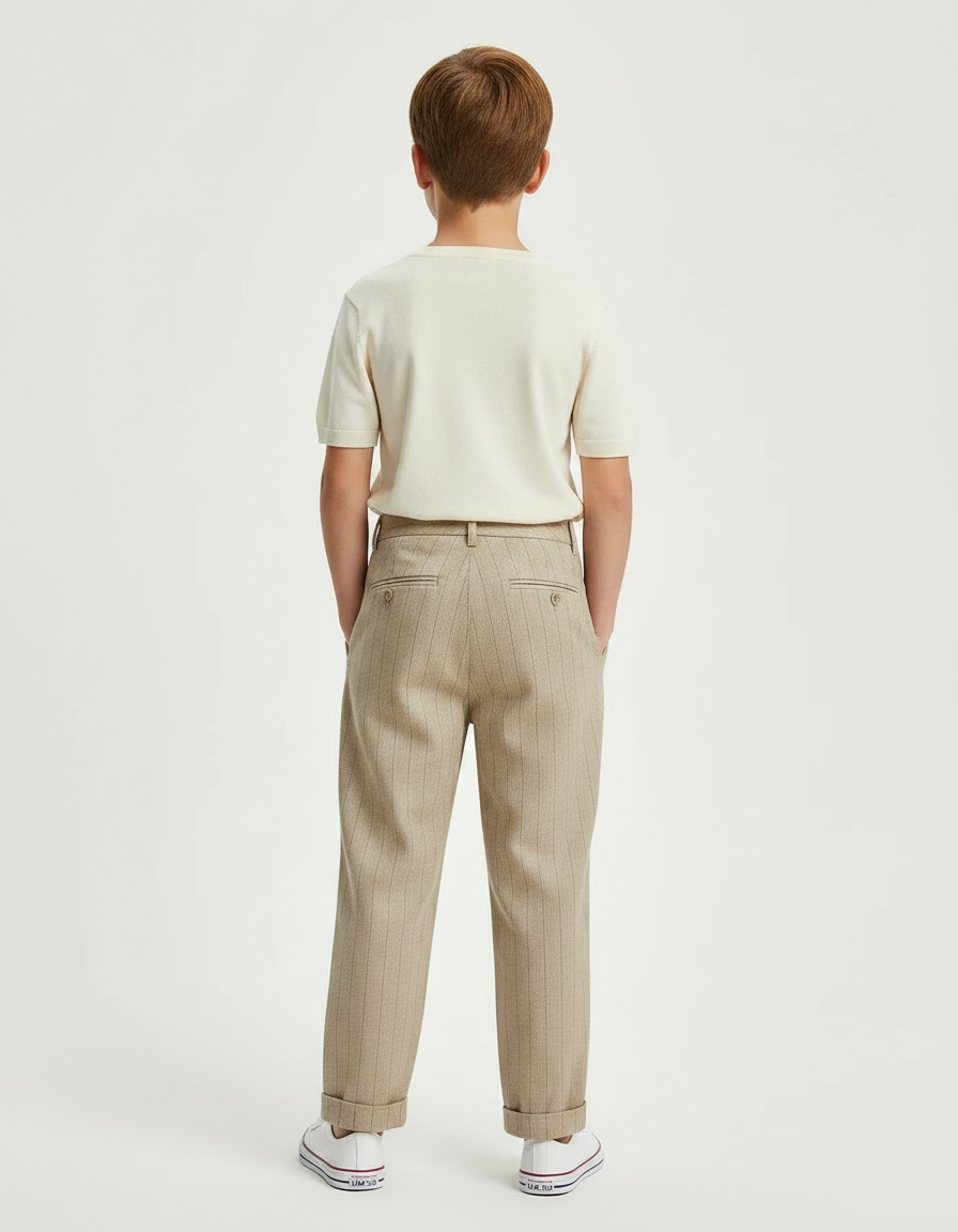 Pantalon Fluide Beige Rayé Plissé Garçon Élégant - Laine - vue 2