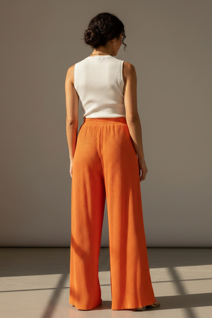Pantalon Fluide Orange Plissé Ample Décontracté Chic - Polyester - vue 2