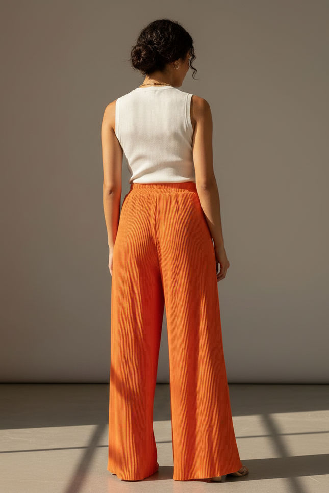 Pantalon Fluide Orange Plissé Ample Décontracté Chic - Polyester - vue 2