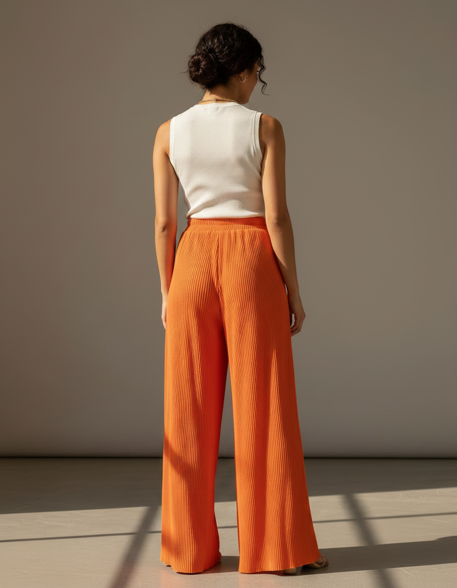 Pantalon Fluide Orange Plissé Ample Décontracté Chic - Polyester - vue 2