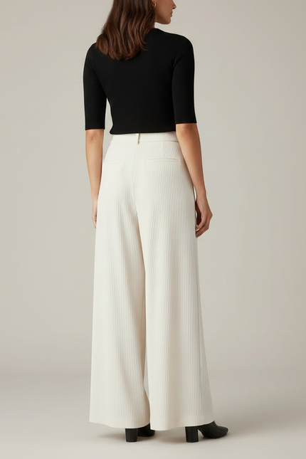 Pantalon Fluide Écru Ample Côtelé Plissé Élégant - Beige Cordé - vue 2