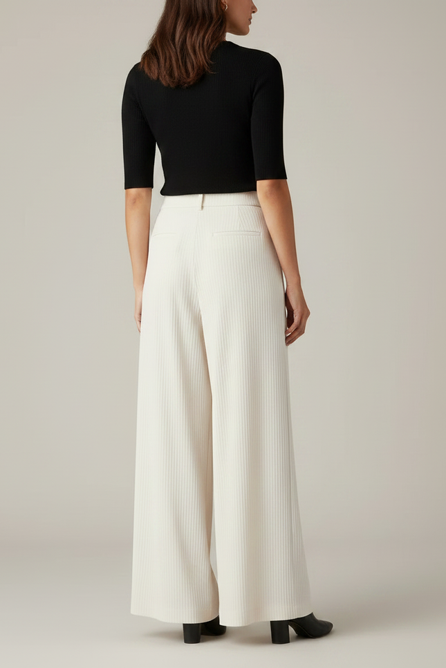 Pantalon Fluide Écru Ample Côtelé Plissé Élégant - Beige Cordé - vue 2