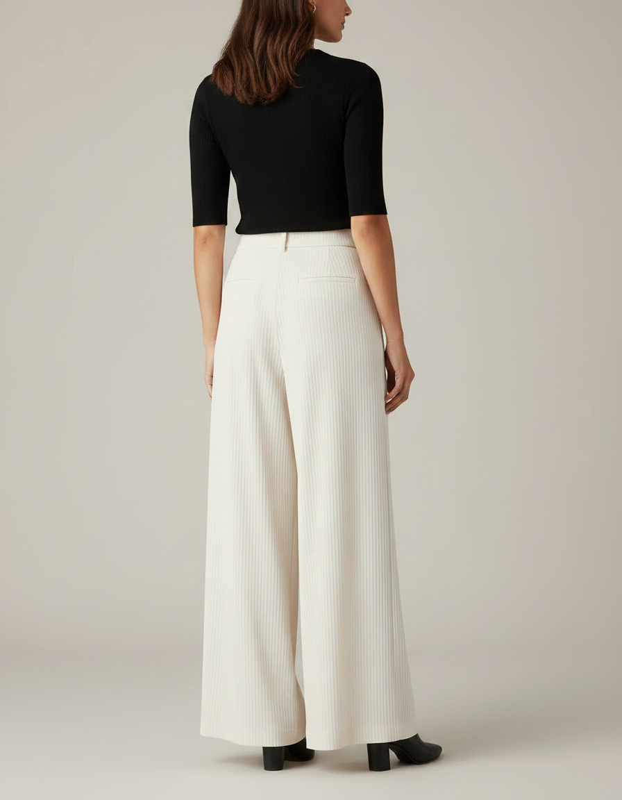 Pantalon Fluide Écru Ample Côtelé Plissé Élégant - Beige Cordé - vue 2