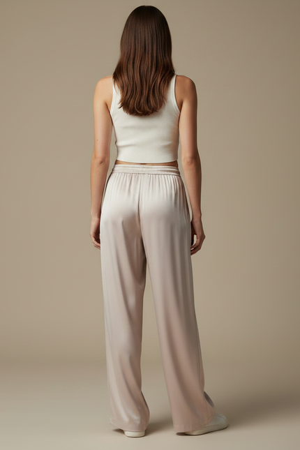 Pantalon Fluide Satiné Beige Ample Taille Haute - vue 2