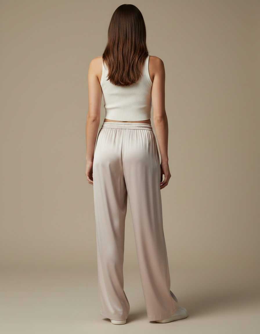 Pantalon Fluide Satiné Beige Ample Taille Haute - vue 2