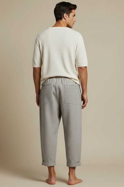 Pantalon Fluide Gris Lin Ample Cordon Décontracté - vue 2