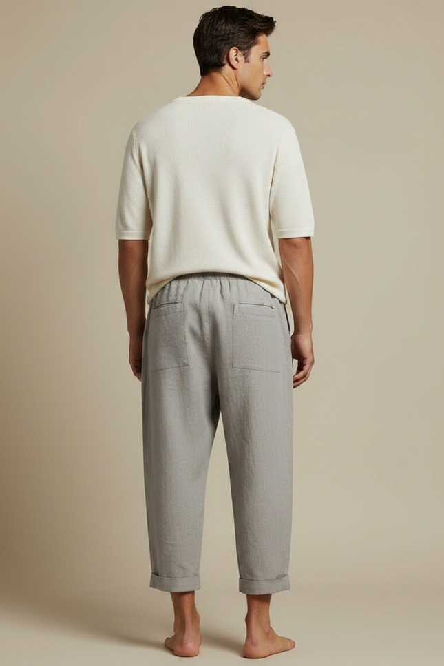 Pantalon Fluide Gris Lin Ample Cordon Décontracté - vue 2