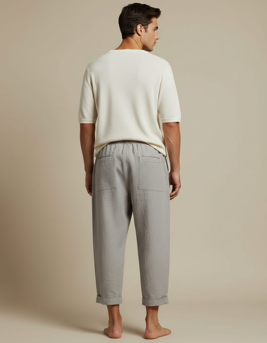 Pantalon Fluide Gris Lin Ample Cordon Décontracté - vue 2