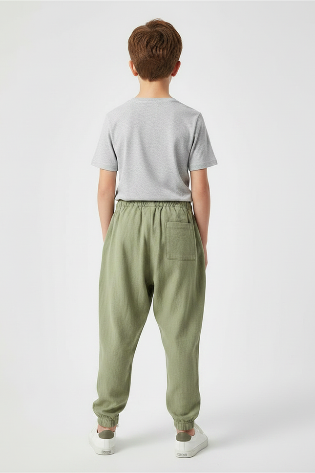 Pantalon Fluide Vert Kaki Ample Coton Lin Enfant - vue 2