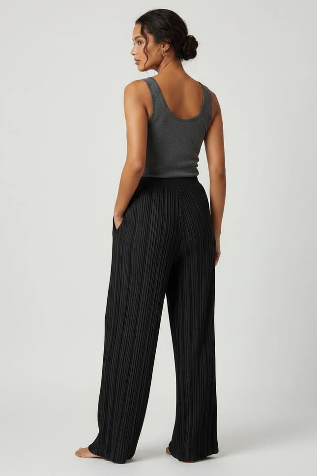 Pantalon Fluide Noir Plissé Ample Élégant Femme - Polyester - vue 2