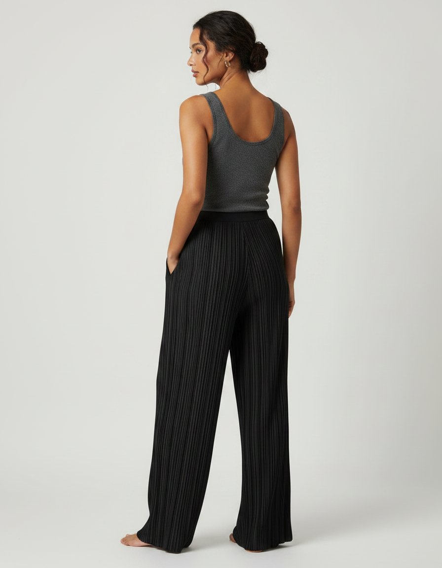 Pantalon Fluide Noir Plissé Ample Élégant Femme - Polyester - vue 2