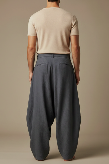 Pantalon Fluide Gris Ample Coton Lin Homme Décontracté - vue 2