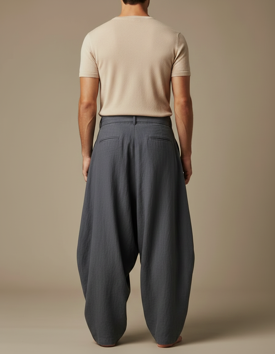 Pantalon Fluide Gris Ample Coton Lin Homme Décontracté - vue 2