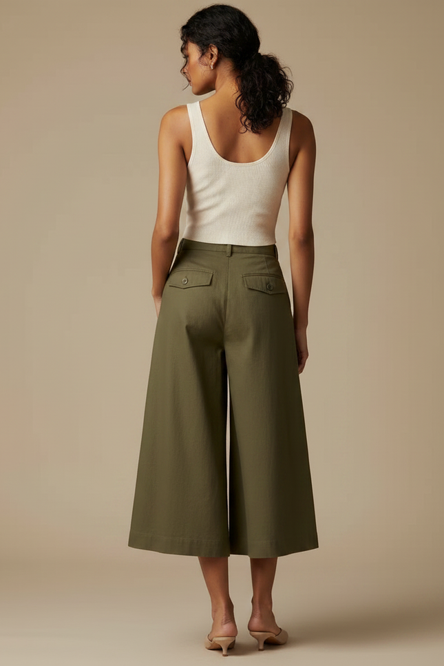 Pantalon Fluide Kaki Ample Décontracté Plissé Court - Toile - vue 2