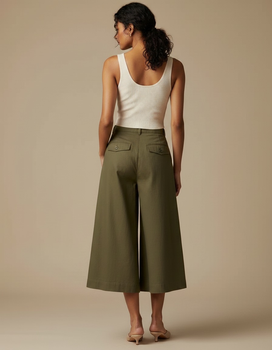 Pantalon Fluide Kaki Ample Décontracté Plissé Court - Toile - vue 2