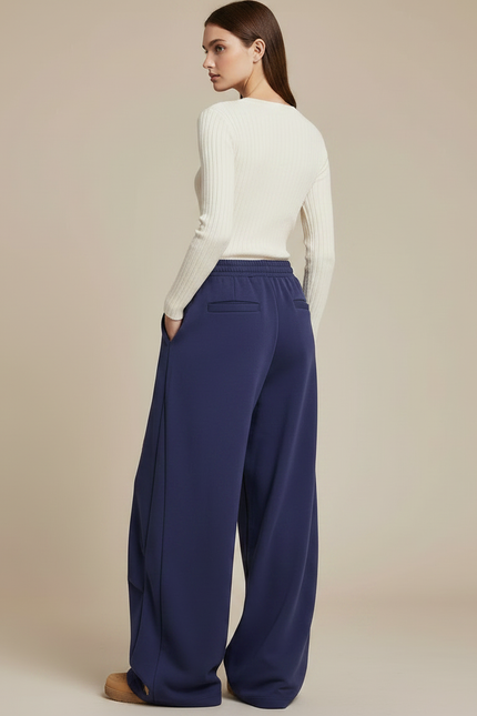 Pantalon Fluide Bleu Marine Large Brodé Décontracté - Molleton - vue 2