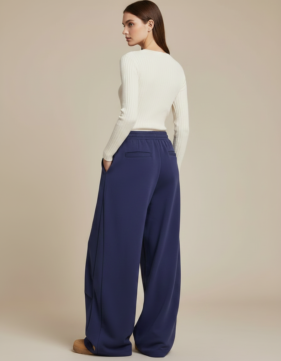 Pantalon Fluide Bleu Marine Large Brodé Décontracté - Molleton - vue 2