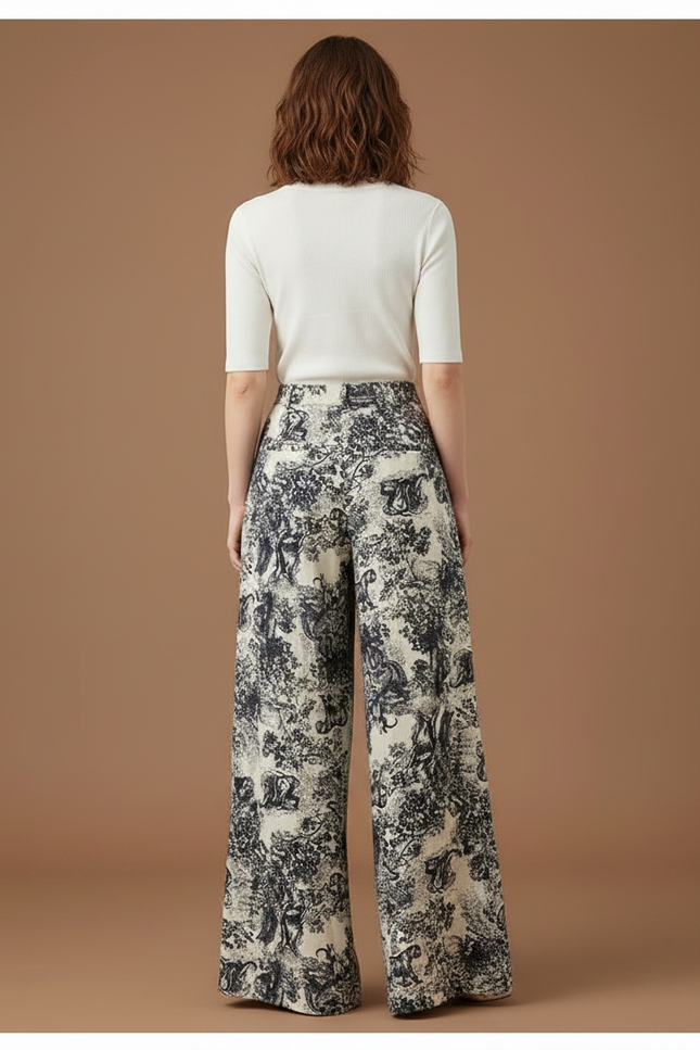 Pantalon Fluide Écru Imprimé Toile Jouy Ample Femme - vue 2