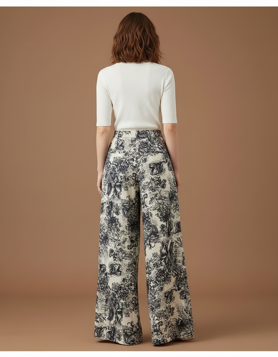 Pantalon Fluide Écru Imprimé Toile Jouy Ample Femme - vue 2