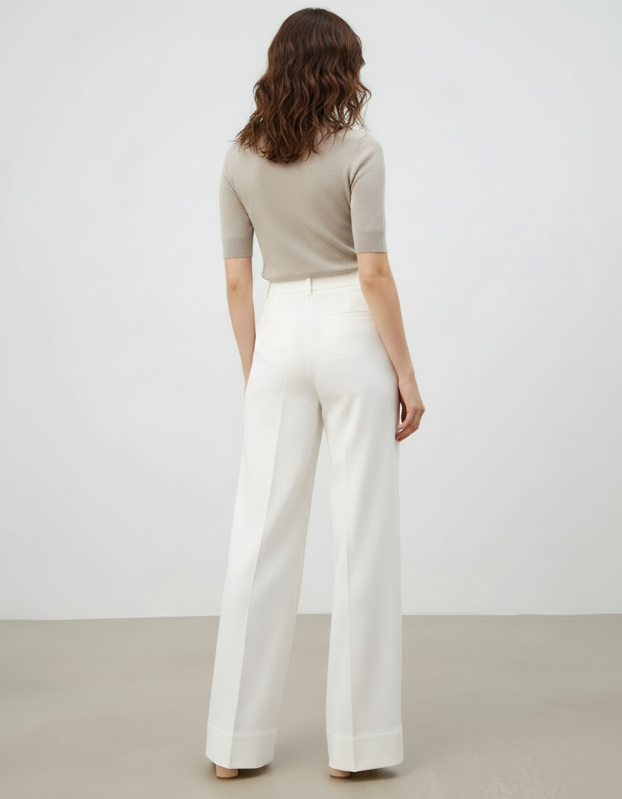 Pantalon Fluide Blanc Ample Taille Haute Droit - Polyester - vue 2