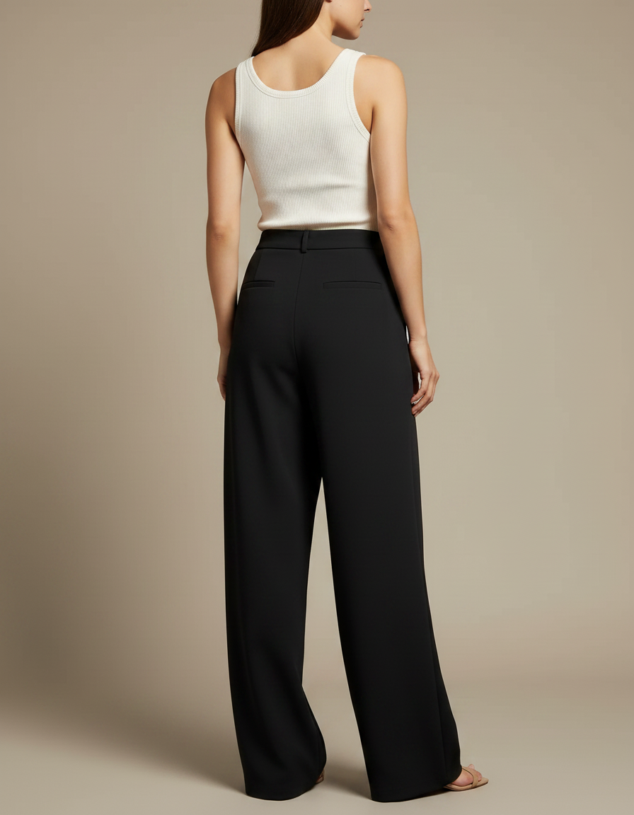 Pantalon Fluide Femme Noir Palazzo Crêpe Chic Été - Polyester - vue 2