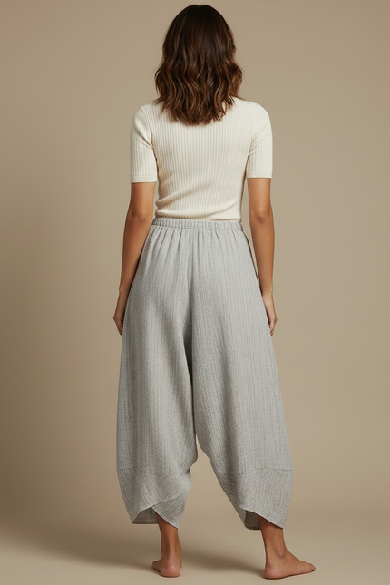 Pantalon Fluide Gris Ample Coton Lin Vintage Décontracté - vue 2