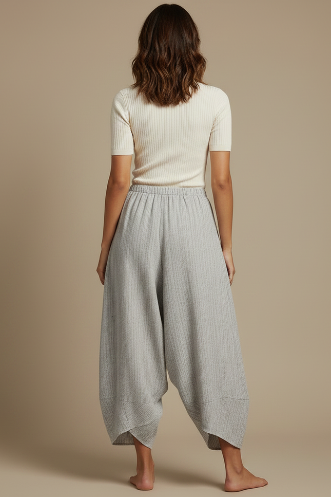 Pantalon Fluide Gris Ample Coton Lin Vintage Décontracté - vue 2