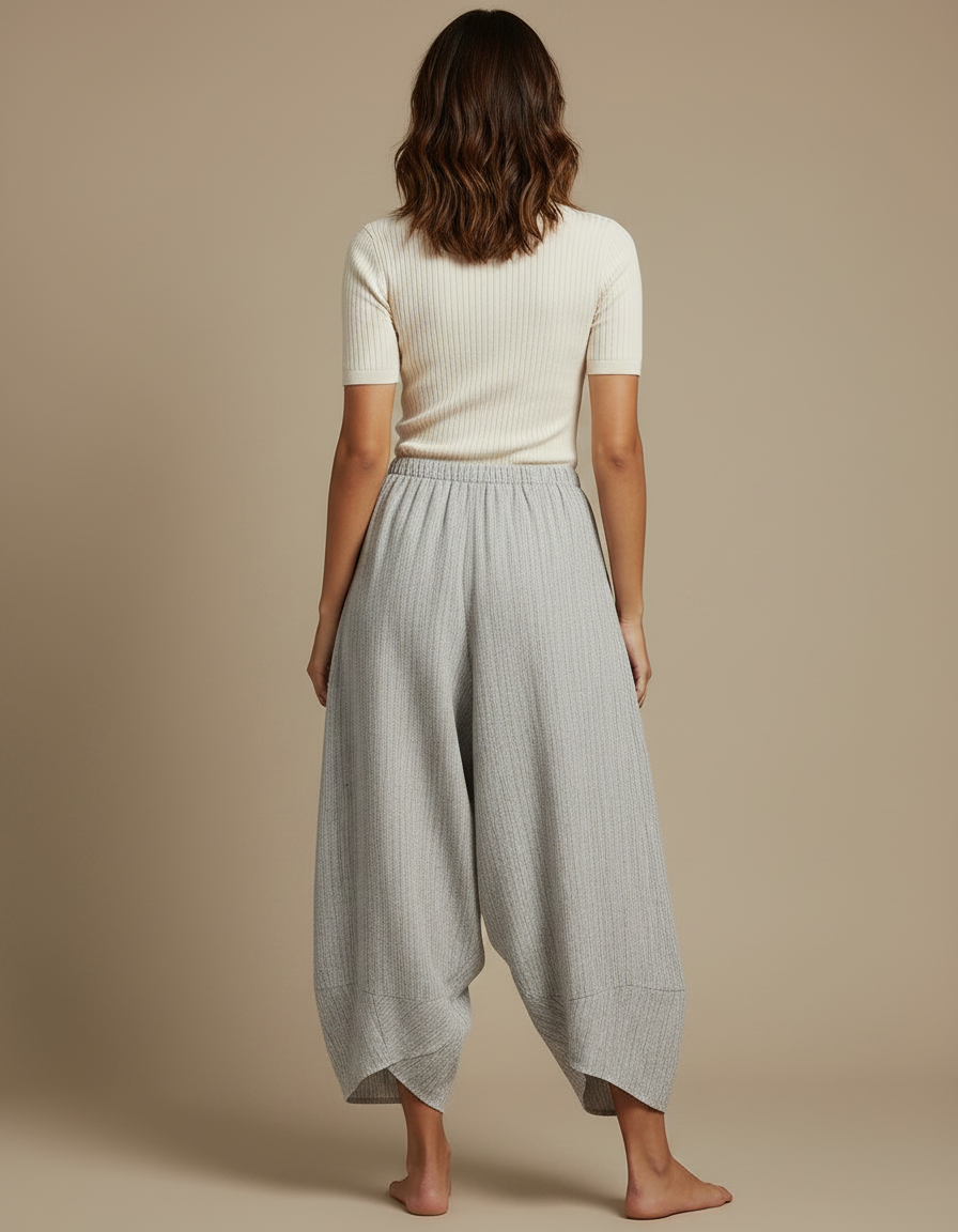 Pantalon Fluide Gris Ample Coton Lin Vintage Décontracté - vue 2